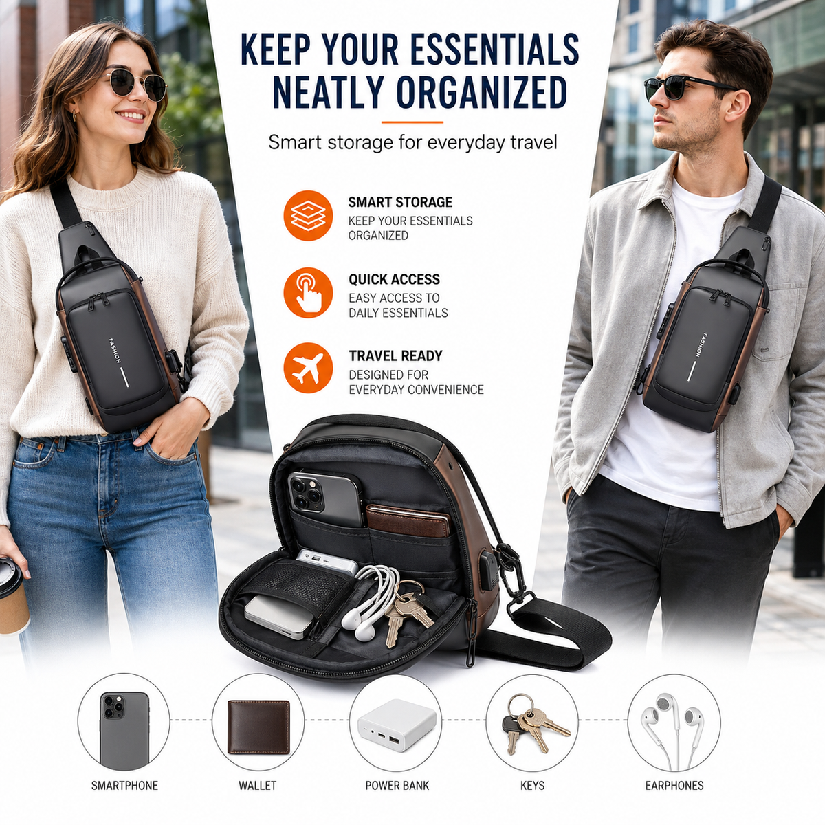 Anti-Theft Fashion Chest Bag with USB Charging Port, Waterproof Casual Shoulder Bag
