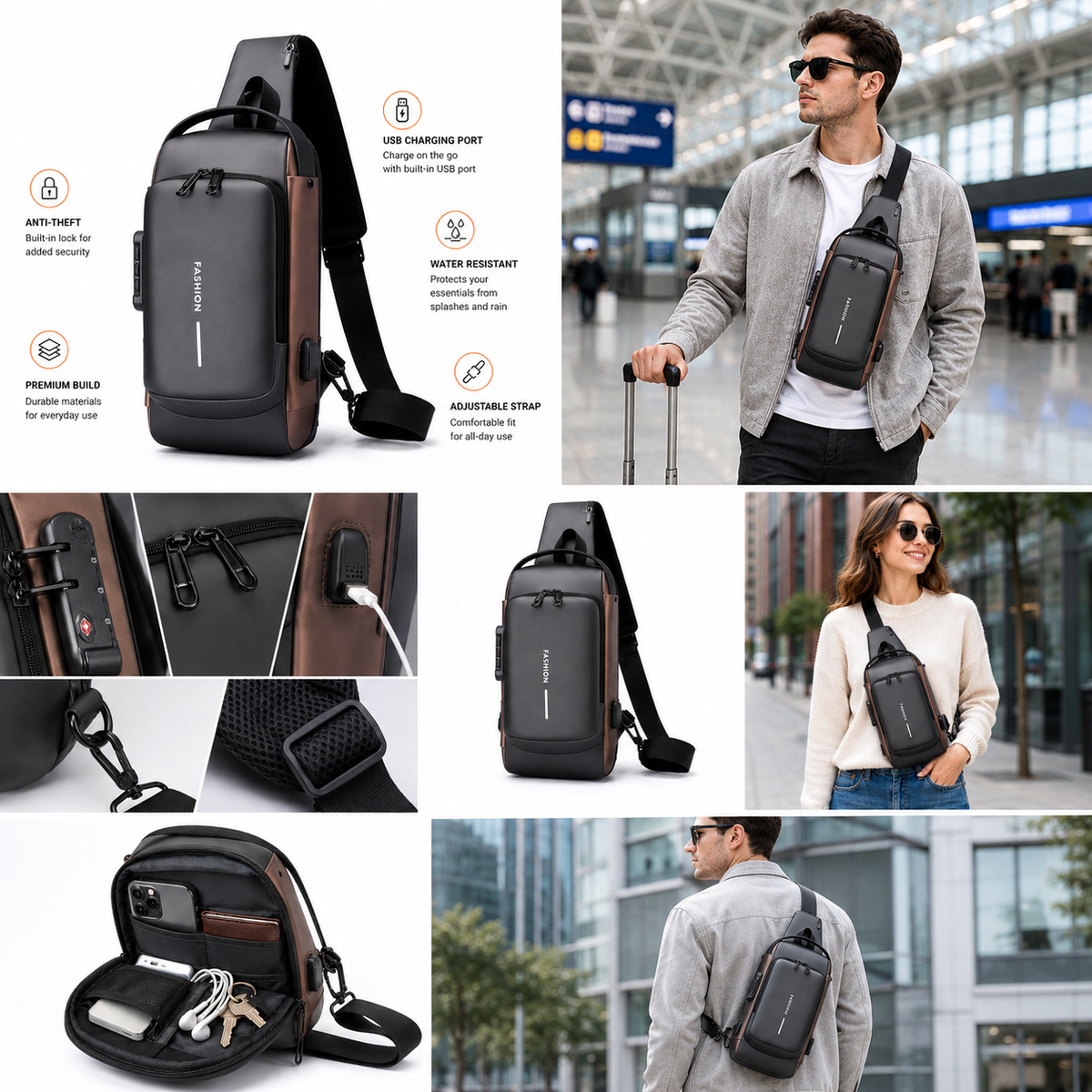 Anti-Theft Fashion Chest Bag with USB Charging Port, Waterproof Casual Shoulder Bag