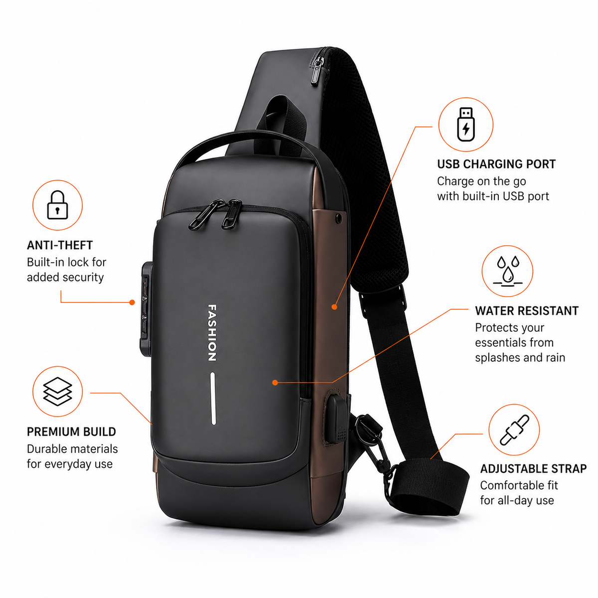 Anti-Theft Fashion Chest Bag with USB Charging Port, Waterproof Casual Shoulder Bag