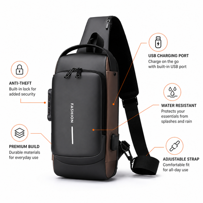 Anti-Theft Fashion Chest Bag with USB Charging Port, Waterproof Casual Shoulder Bag