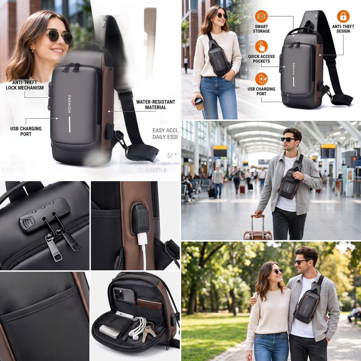 Anti-Theft Fashion Chest Bag with USB Charging Port, Waterproof Casual Shoulder Bag
