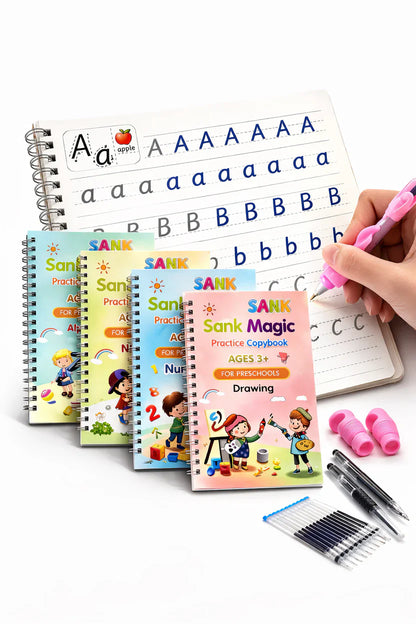 Sank Magic Practice Copybook Set (4 Reusable Books with Magic Pen)